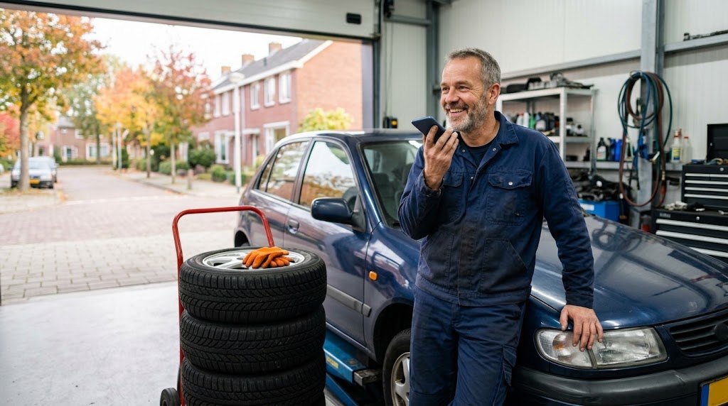 Een garagehouder staat in zijn werkplaats naast een stapel winterbanden en spreekt lachend een spraakbericht in.
