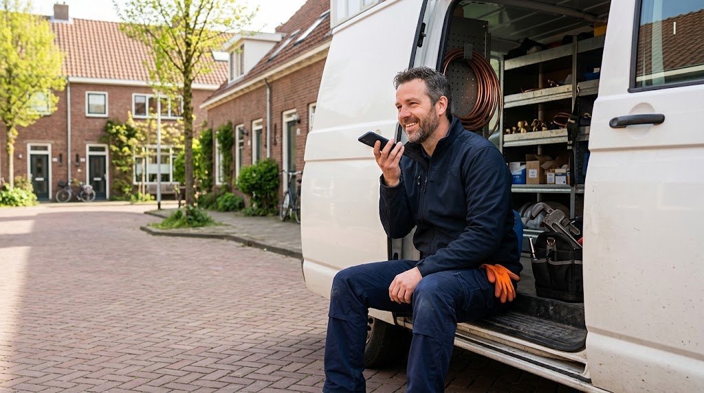 Een installateur zit in de open deur van zijn bus en spreekt lachend een spraakbericht in op zijn telefoon.